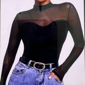 Black Mesh Long-Sleeve Bodysuit - Slim Fit